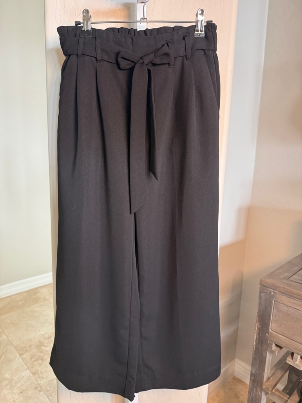 POPSUGAR Black High-Waist Wide Leg Cropped Paperbag Pants with Tie XS